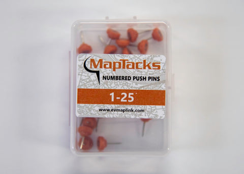 Buy map Map Push Pins, Orange, Numbered 1-25