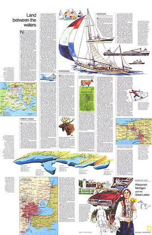 Buy map 1973 Close-up USA, Wisconsin, Michigan, and the Great Lakes Map, Land Between the Waters Theme