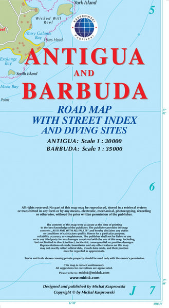 Buy map Antigua and Barbuda : road map with street index and diving sites