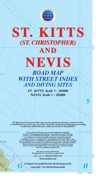 Buy map St. Kitts (St. Christopher) and Nevis : road map with street index and diving sites