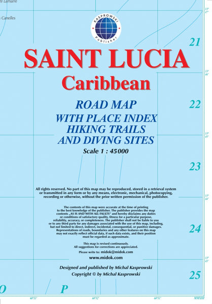 Buy map Saint Lucia, Caribbean : road map with place index hiking trails and diving sites