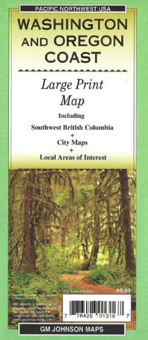 Buy map Washington and Oregon Coast, Large Print, Tourist Map by GM Johnson