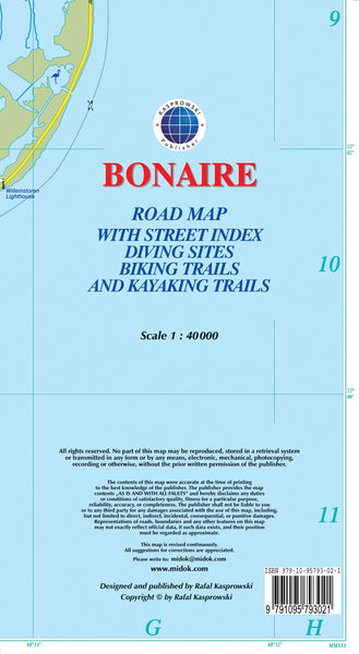 Buy map Bonaire : road map with street index diving sites biking trails and kayaking trails