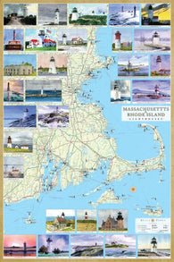 Buy map Massachusetts and Rhode Island Lighthouses Map - Laminated Poster by Bella Terra Publishing