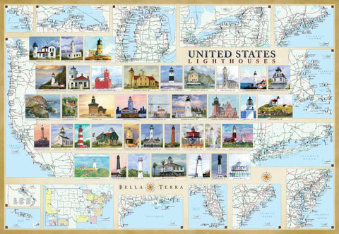Buy map United States Lighthouses Map - Laminated Poster by Bella Terra Publishing LLC