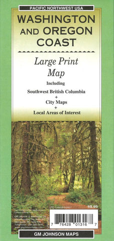 Buy map Washington and Oregon Coast, Large Print, Tourist Map by GM Johnson