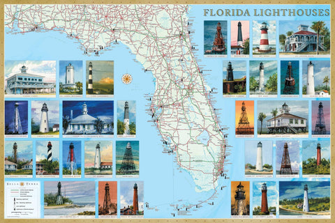 Buy map Florida Lighthouses Map, Laminated Poster by Bella Terra Publishing LLC