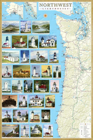Buy map Northwest Lighthouses Map - Laminated Poster by Bella Terra Publishing LLC