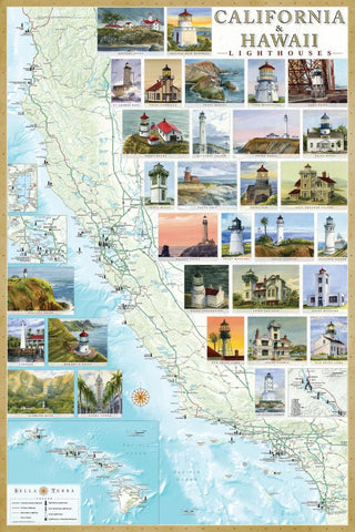 Buy map California and Hawaii Lighthouses Map, Laminated Poster by Bella Terra Publishing LLC