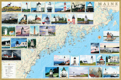 Buy map Maine Lighthouses Map - Laminated Poster by Bella Terra Publishing LLC